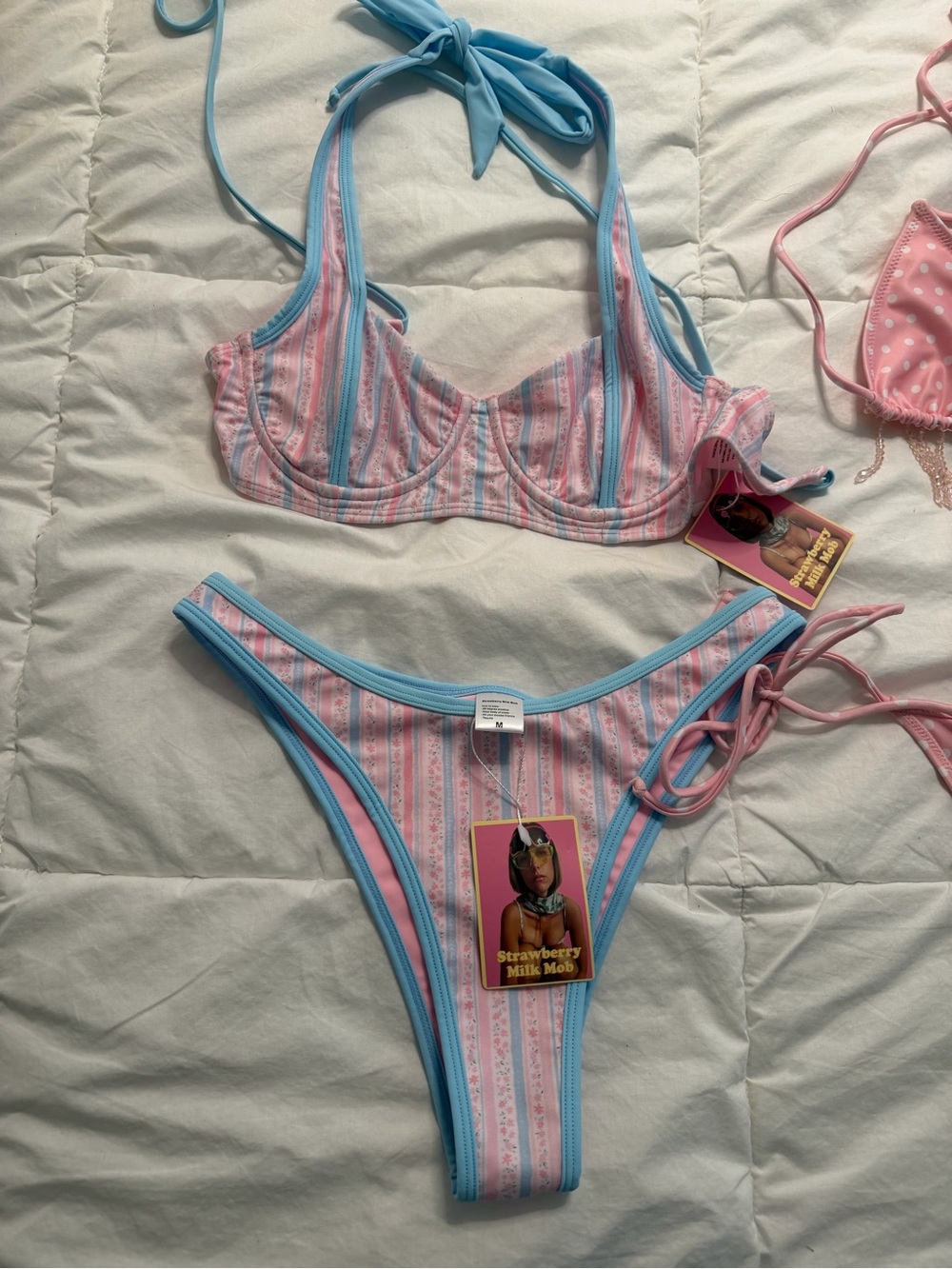 Strawberry Milk Mob Pink & Light Blue Striped Halter Bikini